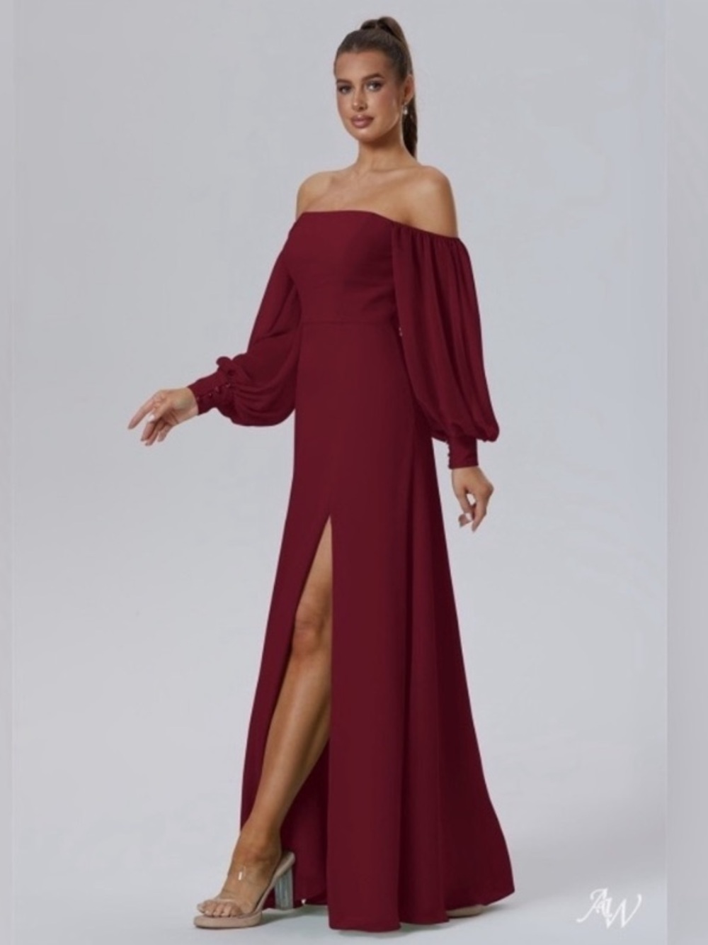 off shoulder burgundy maxi dress with slit  prom dress wedding guest NWOT - Picture 3 of 7
